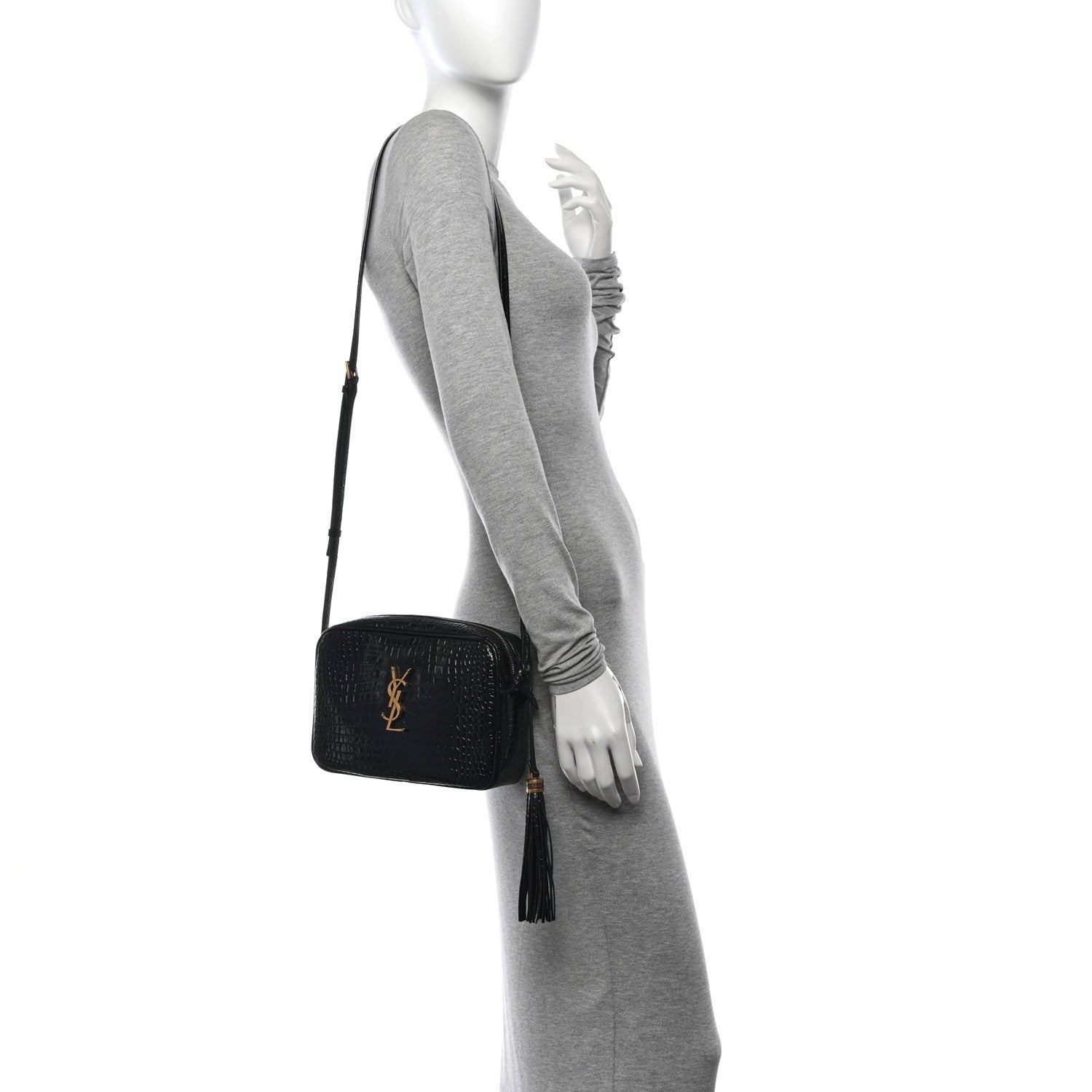 Saint Laurent Patent Calfskin Crocodile Embossed Monogram Lou Camera Bag Black 2 of 11