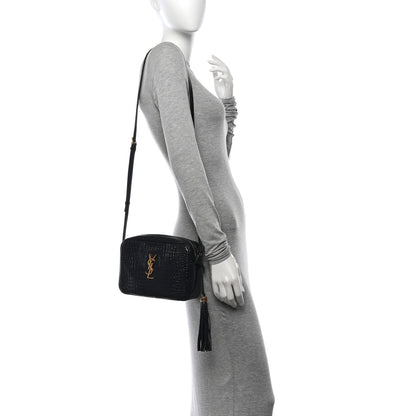 Saint Laurent Patent Calfskin Crocodile Embossed Monogram Lou Camera Bag Black 2 of 11