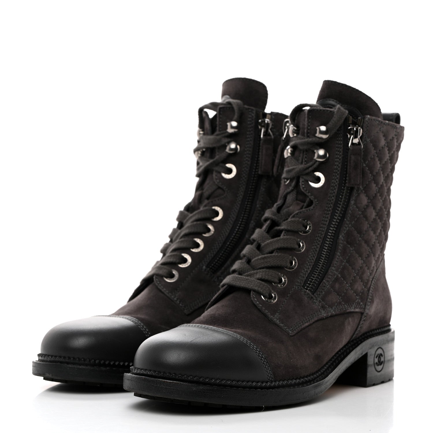 Chanel Suede Calfskin Quilted Lace Up Boots 39 Grey 3 of 8