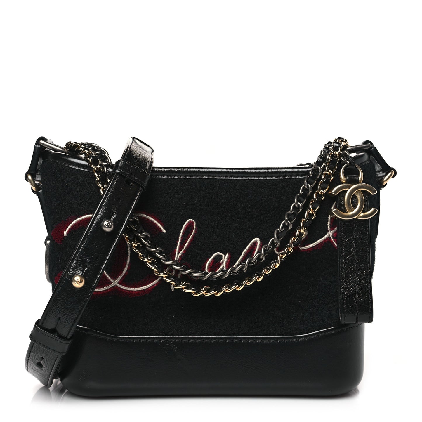Calfskin Wool Embroidered Paris Hamburg Small Gabrielle Hobo Black
