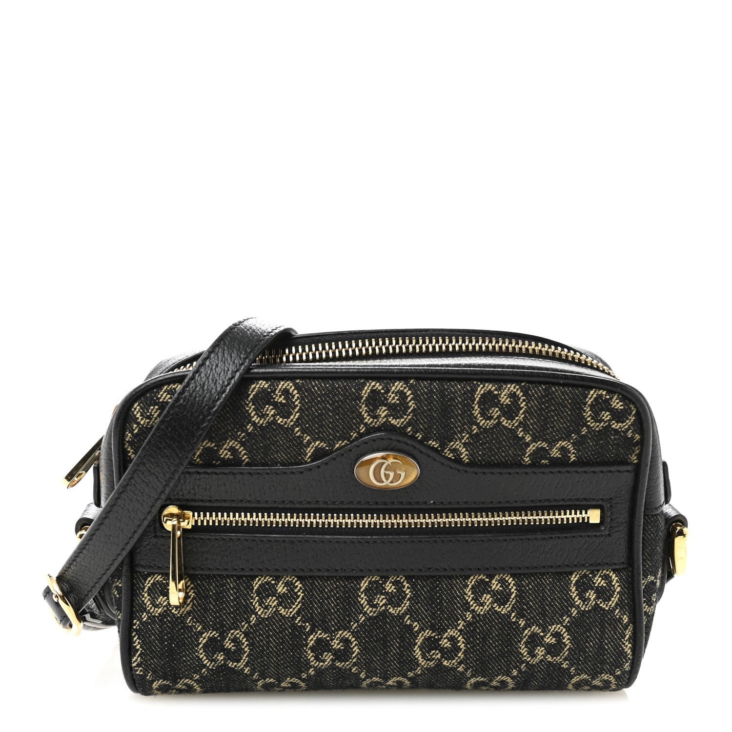 Gucci Jacquard Black Denim GG Monogram Textured Dollar Calfskin Mini Ophidia Shoulder Bag Black Ivory 1 of 13