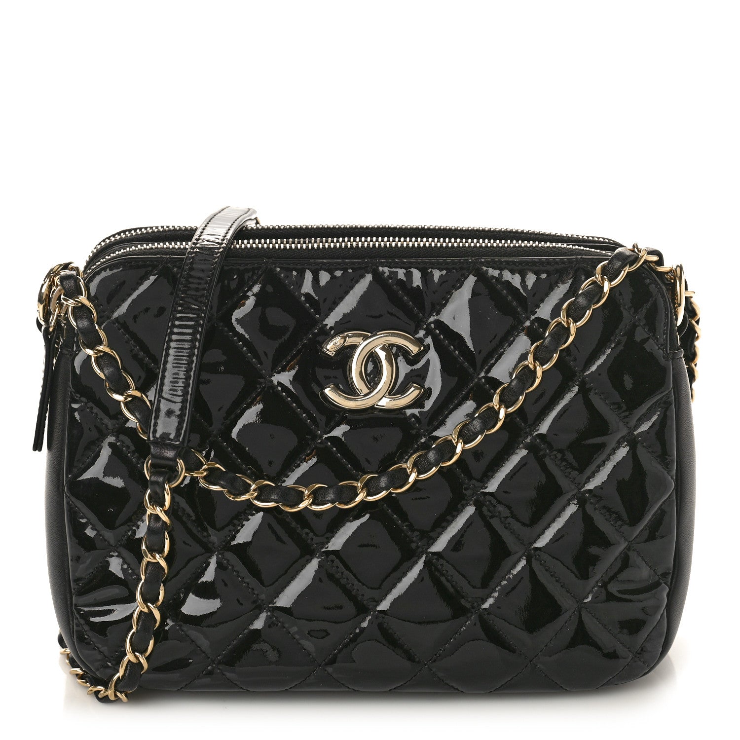 Chanel Patent Quilted Crown CC Double Zip Shoulder Bag Black 1 of 9