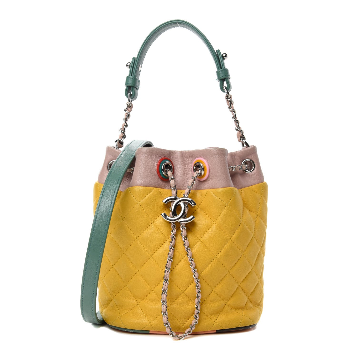 Chanel Lambskin Quilted Cuba Drawstring Tote Yellow Pink Green 1 of 19