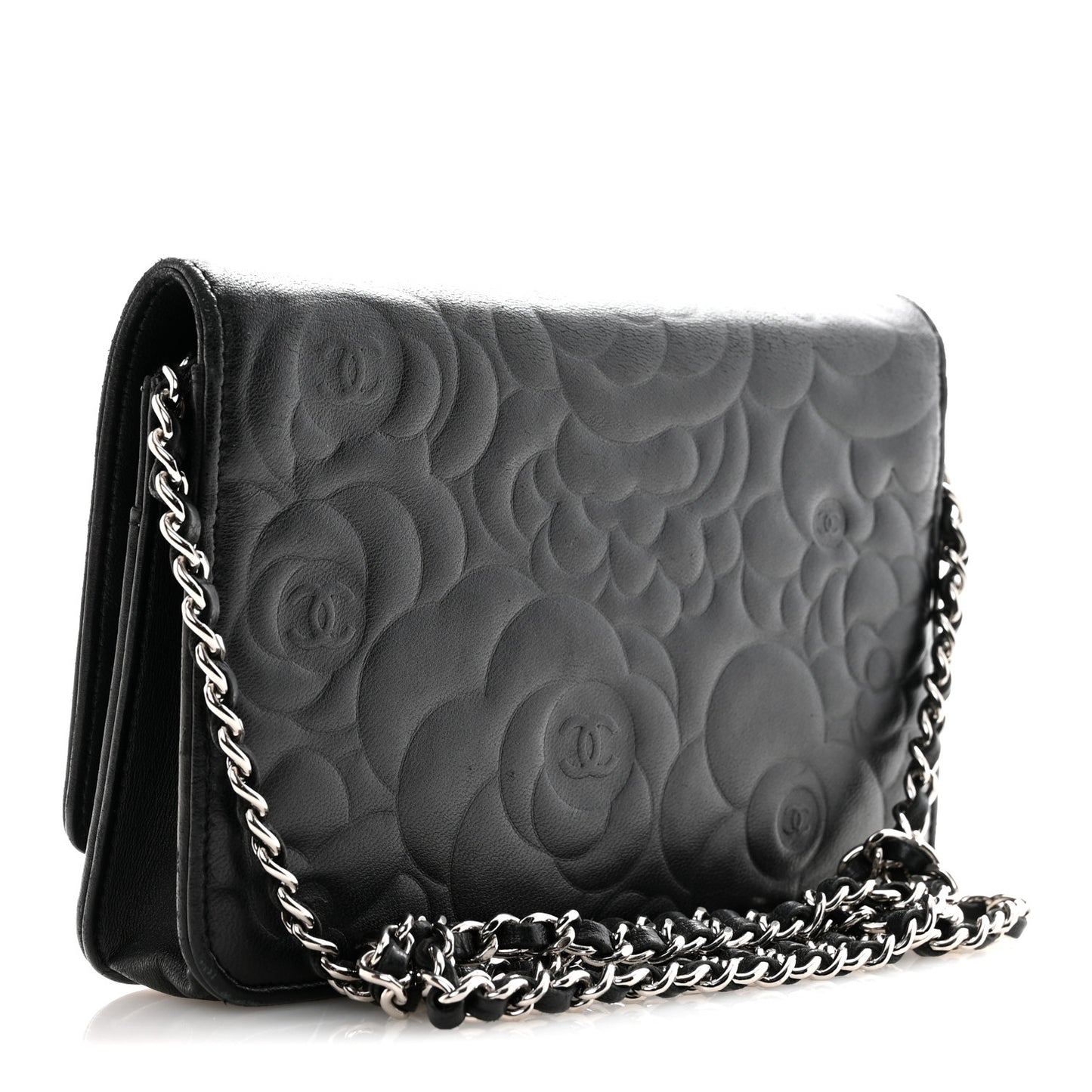 Lambskin Camellia Embossed Wallet On Chain WOC Black