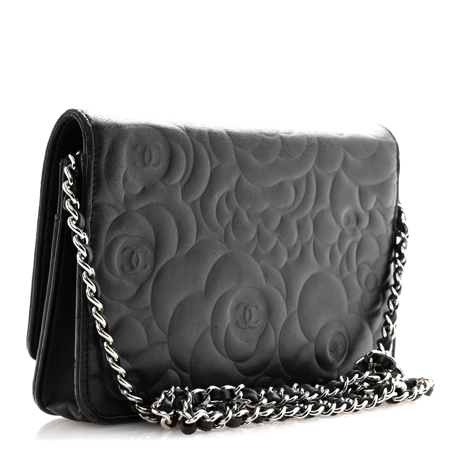 Chanel Lambskin Camellia Embossed Wallet On Chain WOC Black 3 of 15