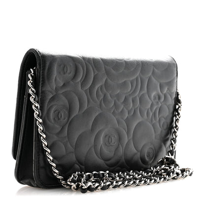 Chanel Lambskin Camellia Embossed Wallet On Chain WOC Black 3 of 15