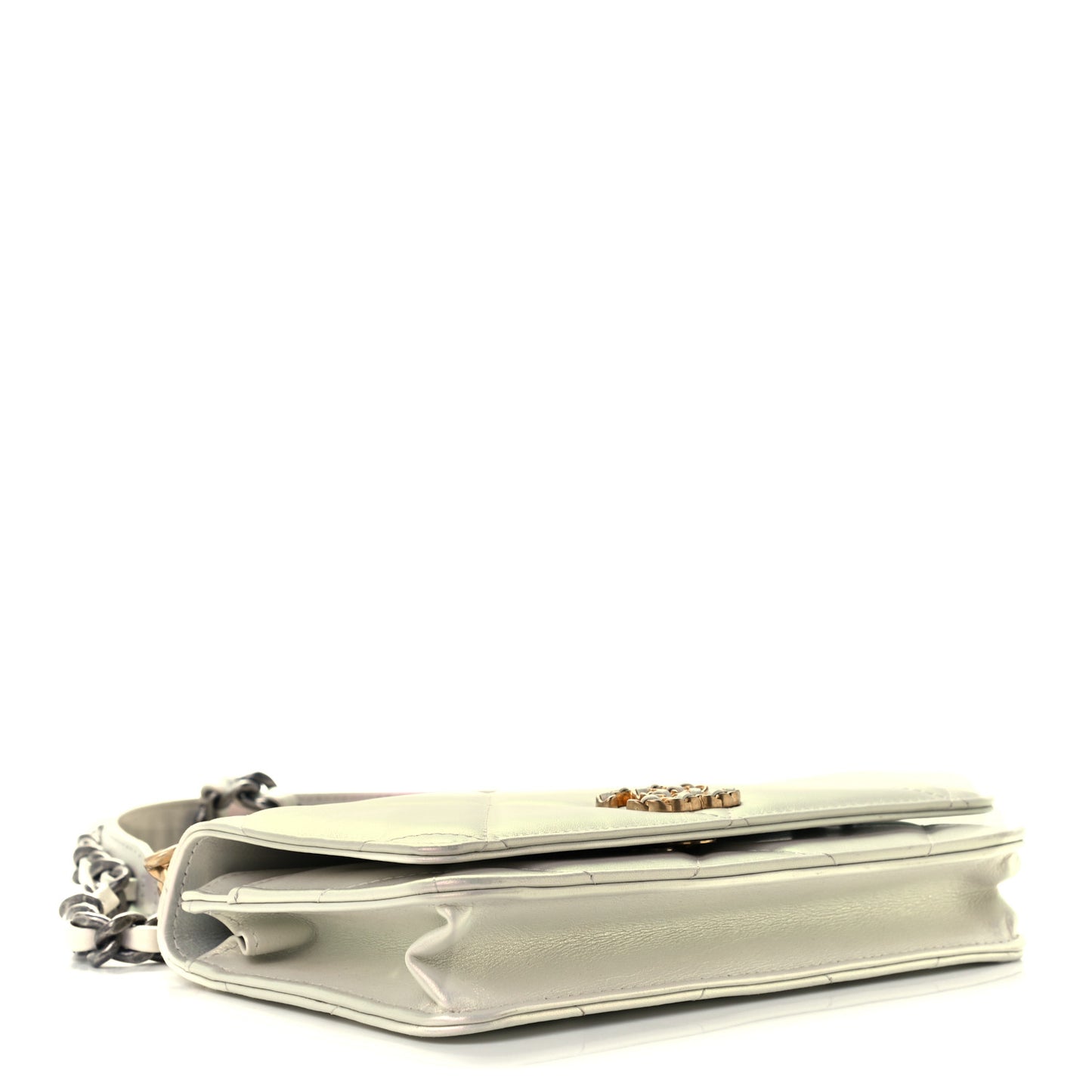 Iridescent Calfskin Quilted Chanel 19 Wallet On Chain WOC White