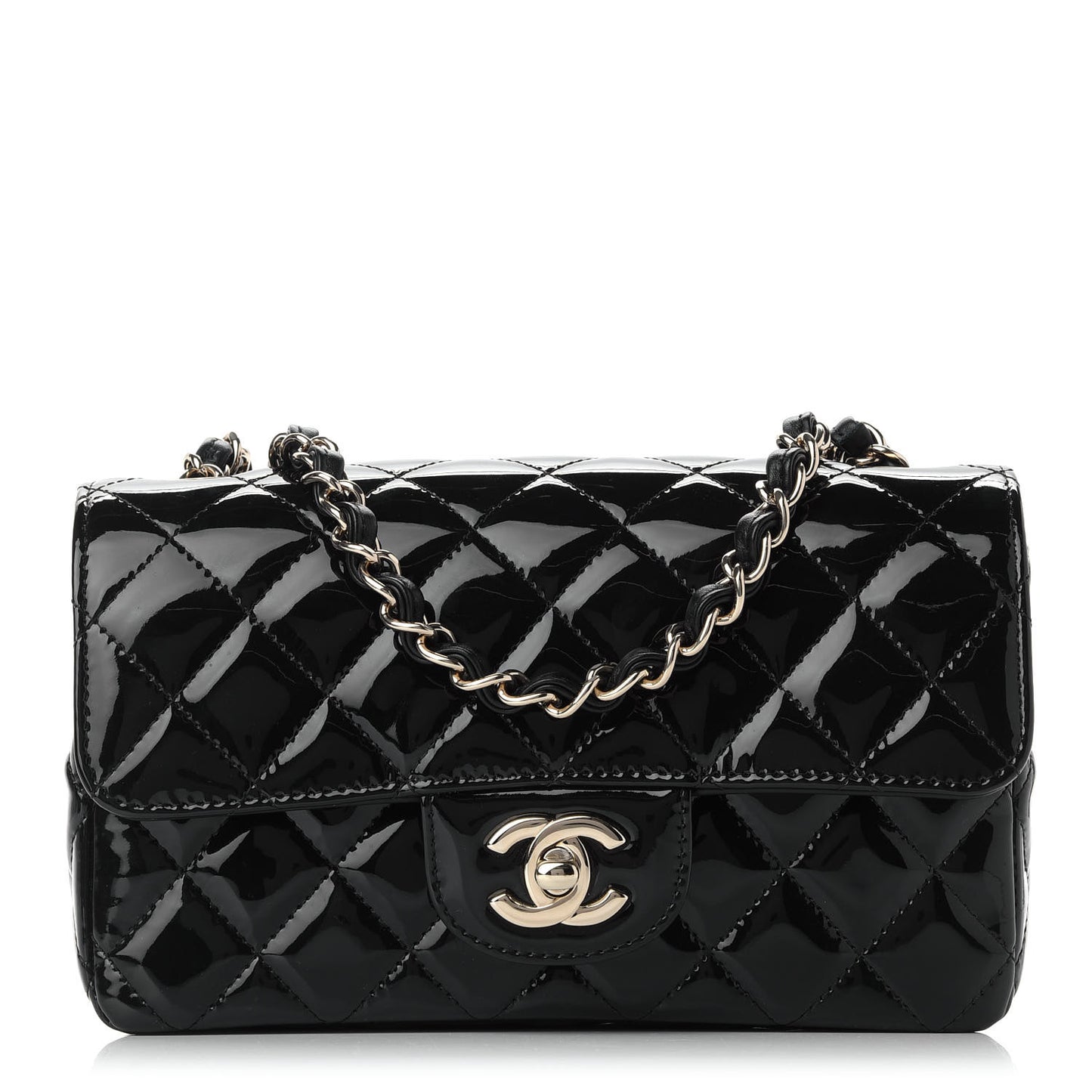 Patent Calfskin Quilted Mini Rectangular Flap Black