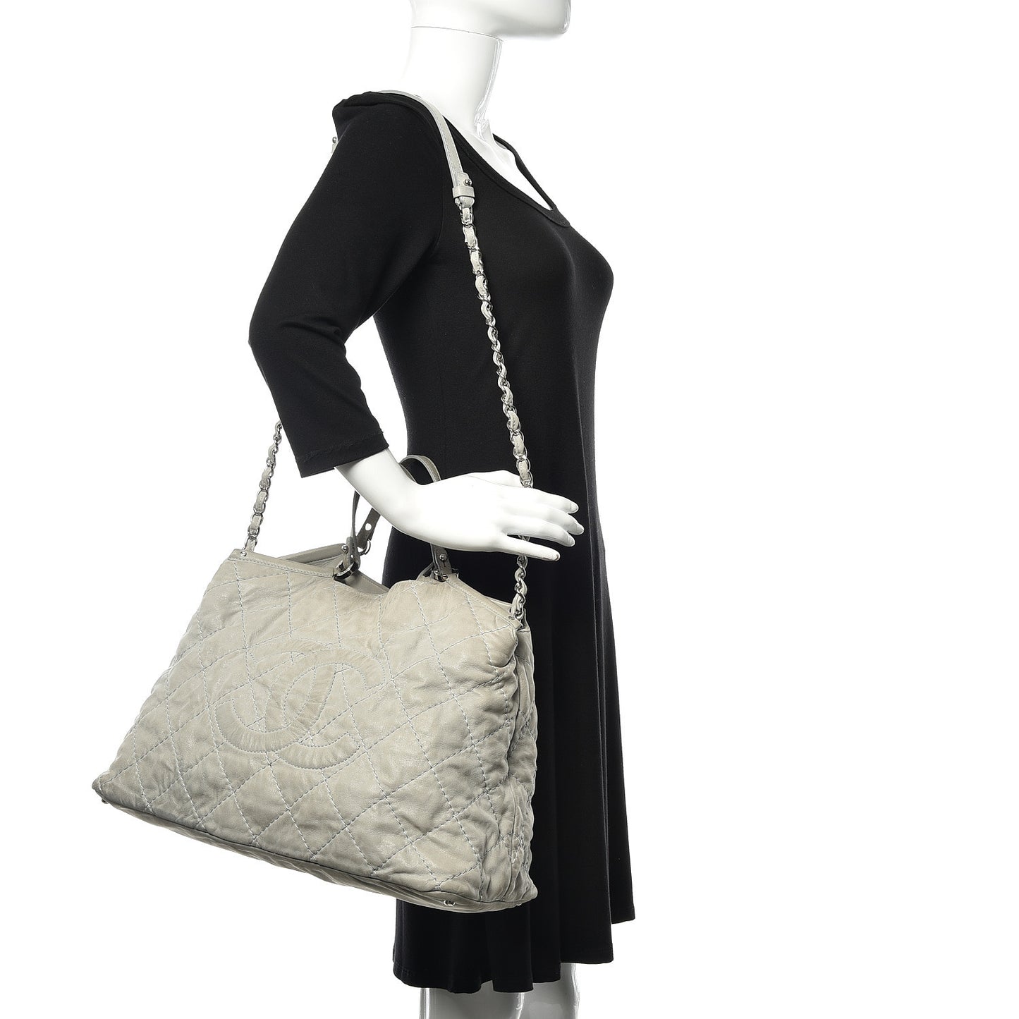 Iridescent Calfskin Diamond Stitched CC Shopping Tote Gris Clair