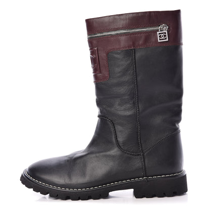 Chanel Calfskin Motorcycle Zipper Boots 40.5 Black Burgundy 1 of 12