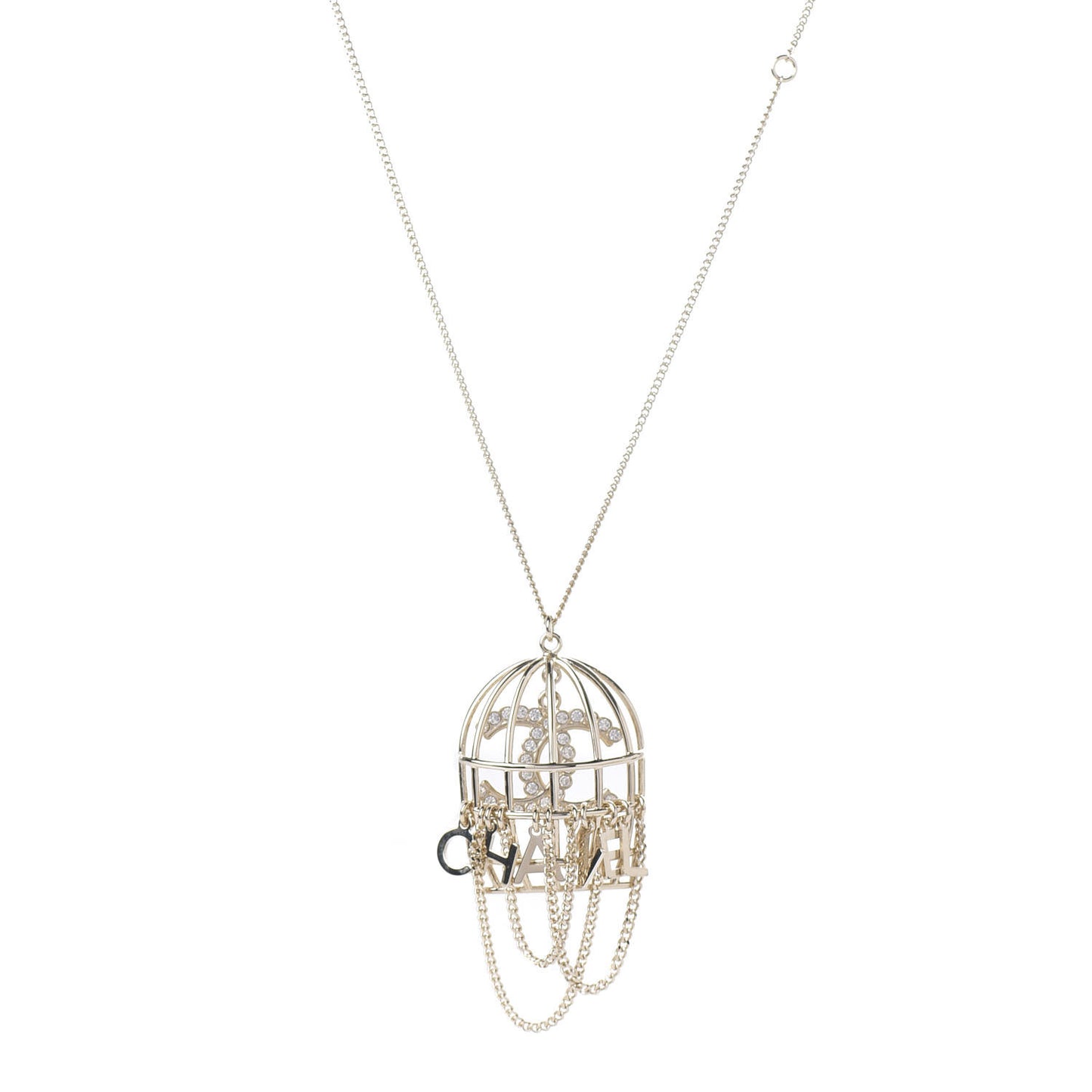 Metal Crystal Logo Bird Cage Necklace Gold