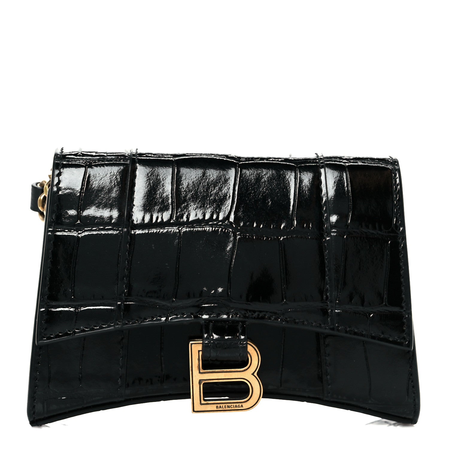 Balenciaga Shiny Calfskin Crocodile Embossed Hourglass Chain Cardholder Black 1 of 13