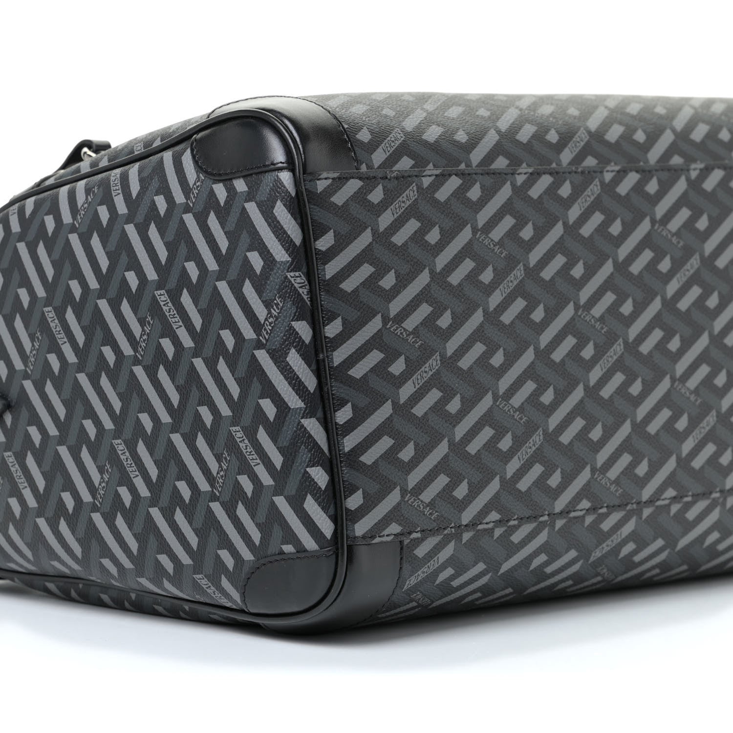 Versace Coated Canvas Calfskin La Greca Signature Travel Bag Black Grey 6 of 10