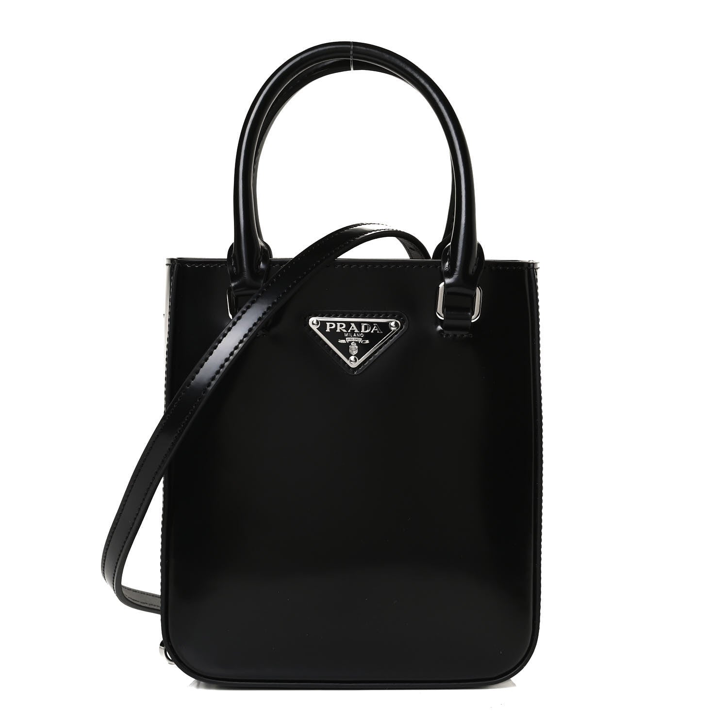 Prada Spazzolato Triangle Small Double Handle Crossbody Tote Black 1 of 12