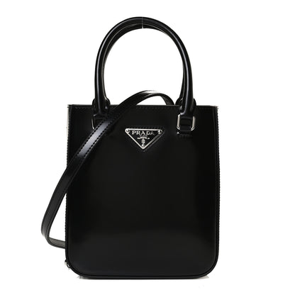 Prada Spazzolato Triangle Small Double Handle Crossbody Tote Black 1 of 12