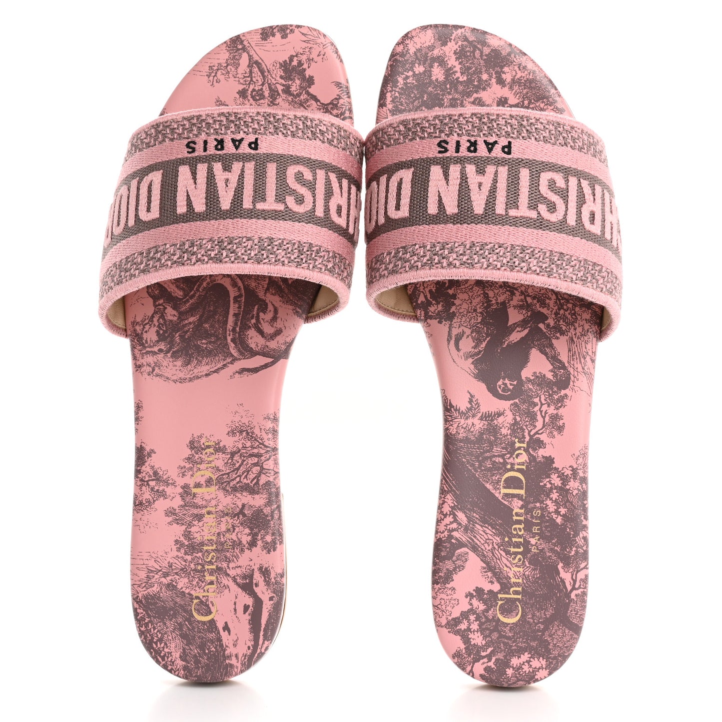 Canvas Toile De Jouy Embroidered Dway Flat Slide Sandals 36 Chateau Rose