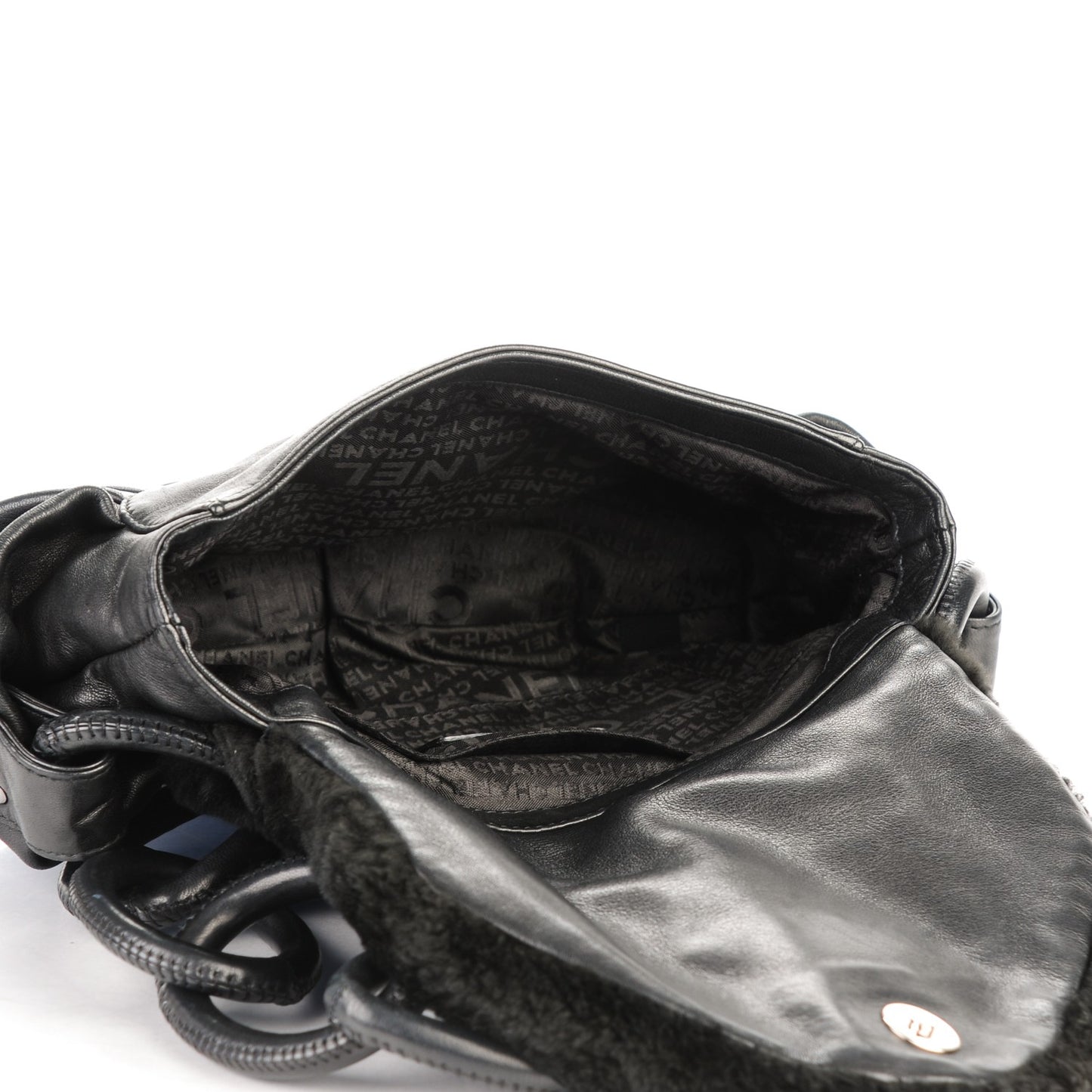 Lapin Rabbit Fur Lambskin Pleated CC Flap Bag Black