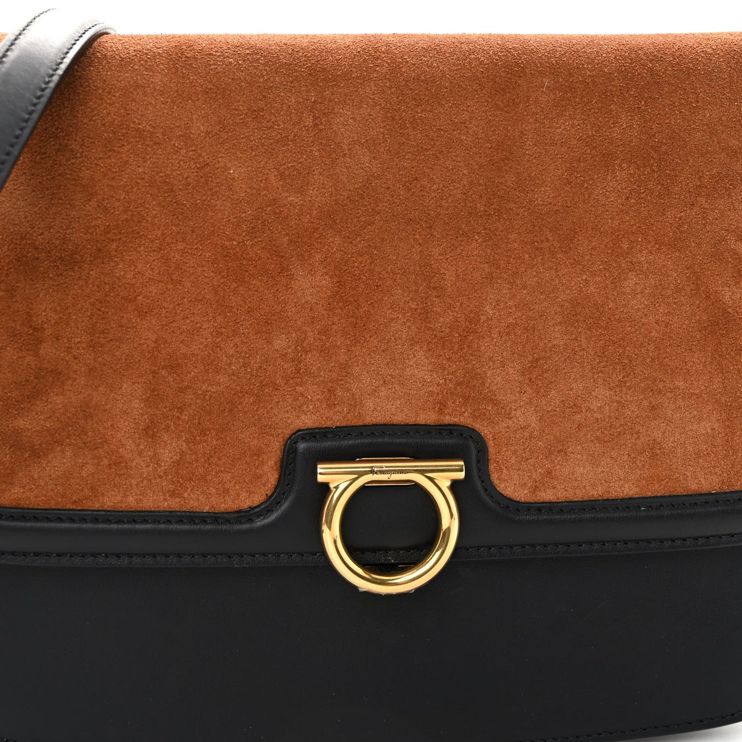 Calfskin Suede Gancini Rounded Satchel Black Tan