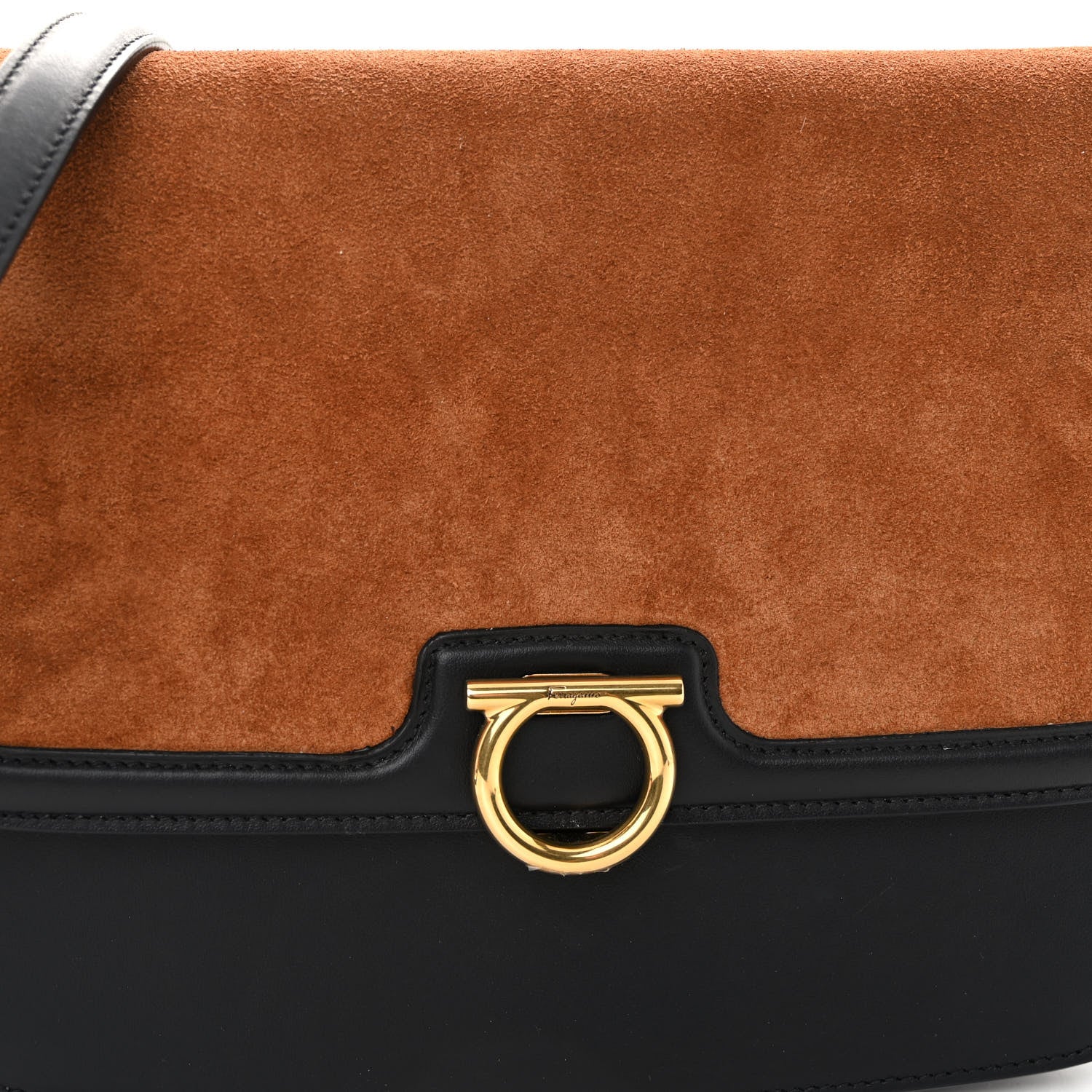 Salvatore Ferragamo Calfskin Suede Gancini Rounded Satchel Black Tan 7 of 11