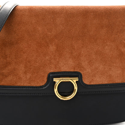 Salvatore Ferragamo Calfskin Suede Gancini Rounded Satchel Black Tan 7 of 11