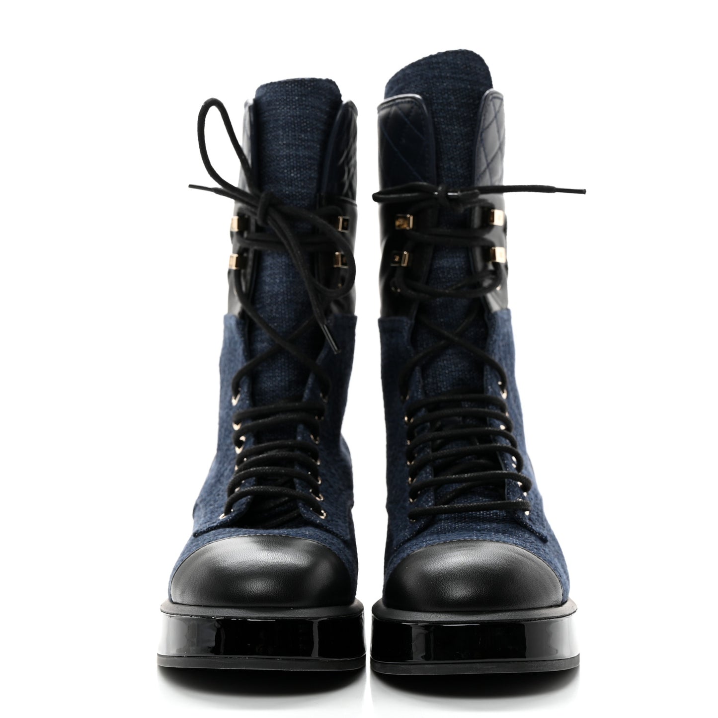 Denim Patent Lambskin Quilted CC Lace Up Combat Boots 38 Blue Black