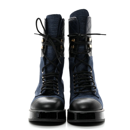 Chanel Denim Patent Lambskin Quilted CC Lace Up Combat Boots 38 Blue Black 2 of 9