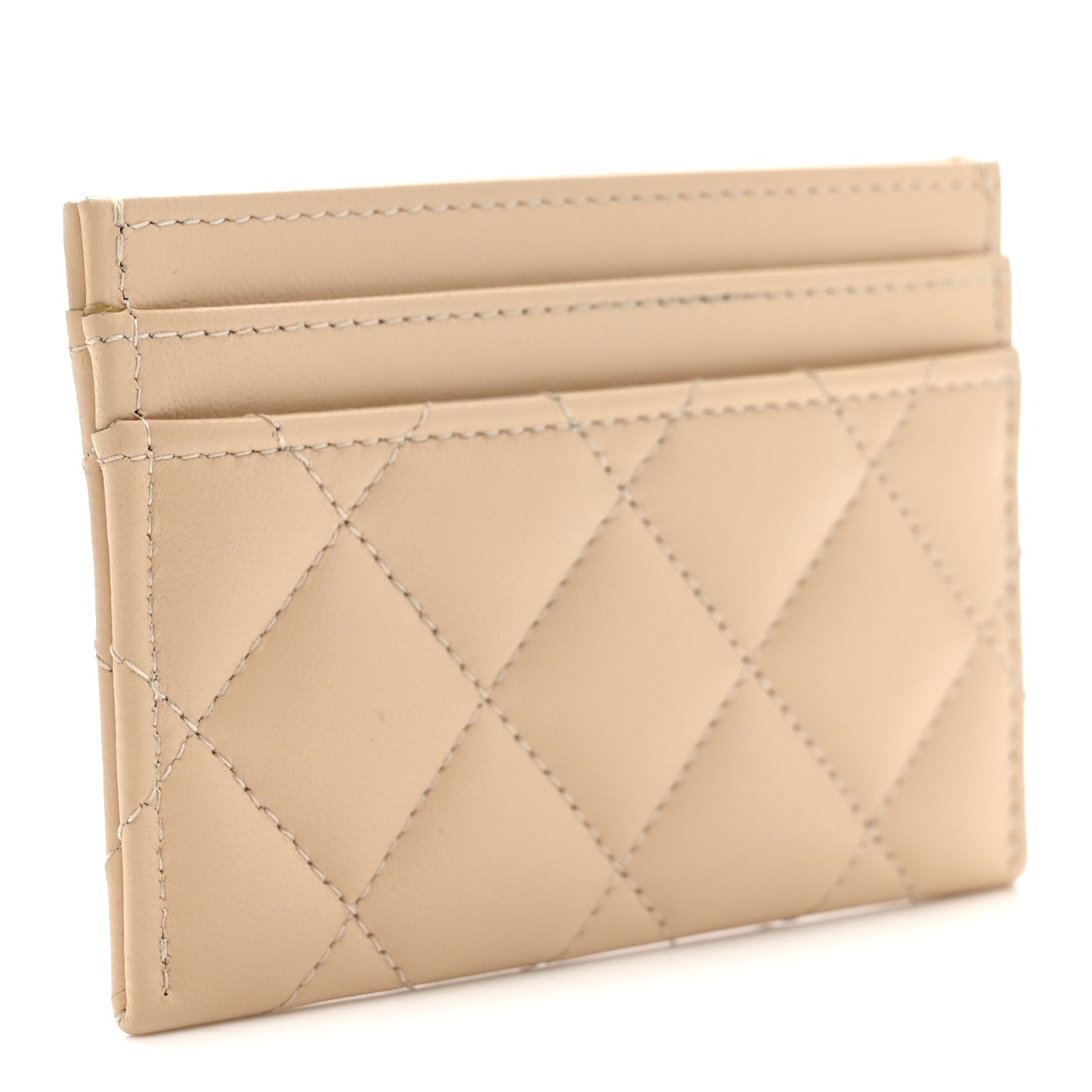 Lambskin Quilted Crystal CC Card Holder Beige
