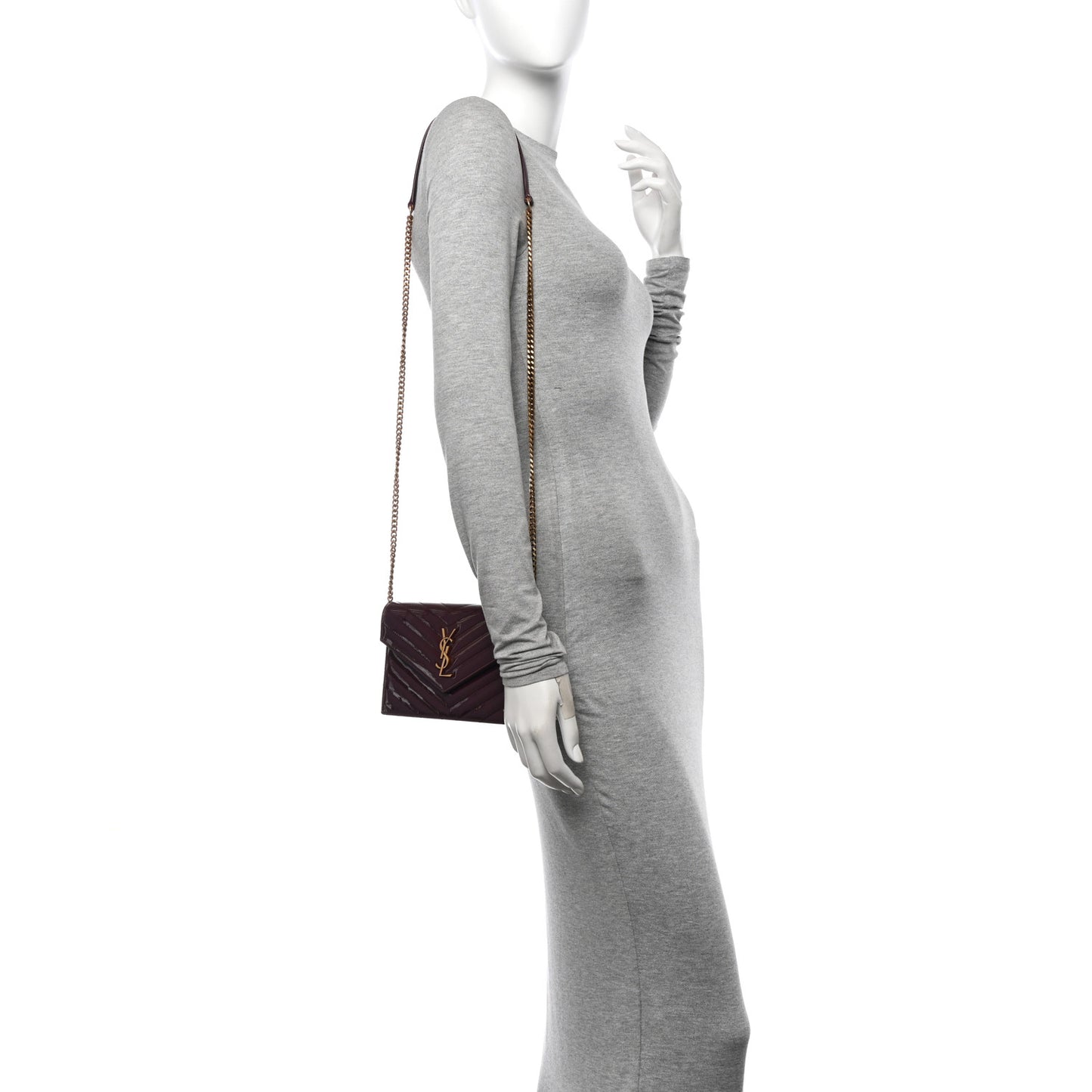 Patent Calfskin Matelasse Chevron Monogram Envelope Chain Wallet Dark Red Wine
