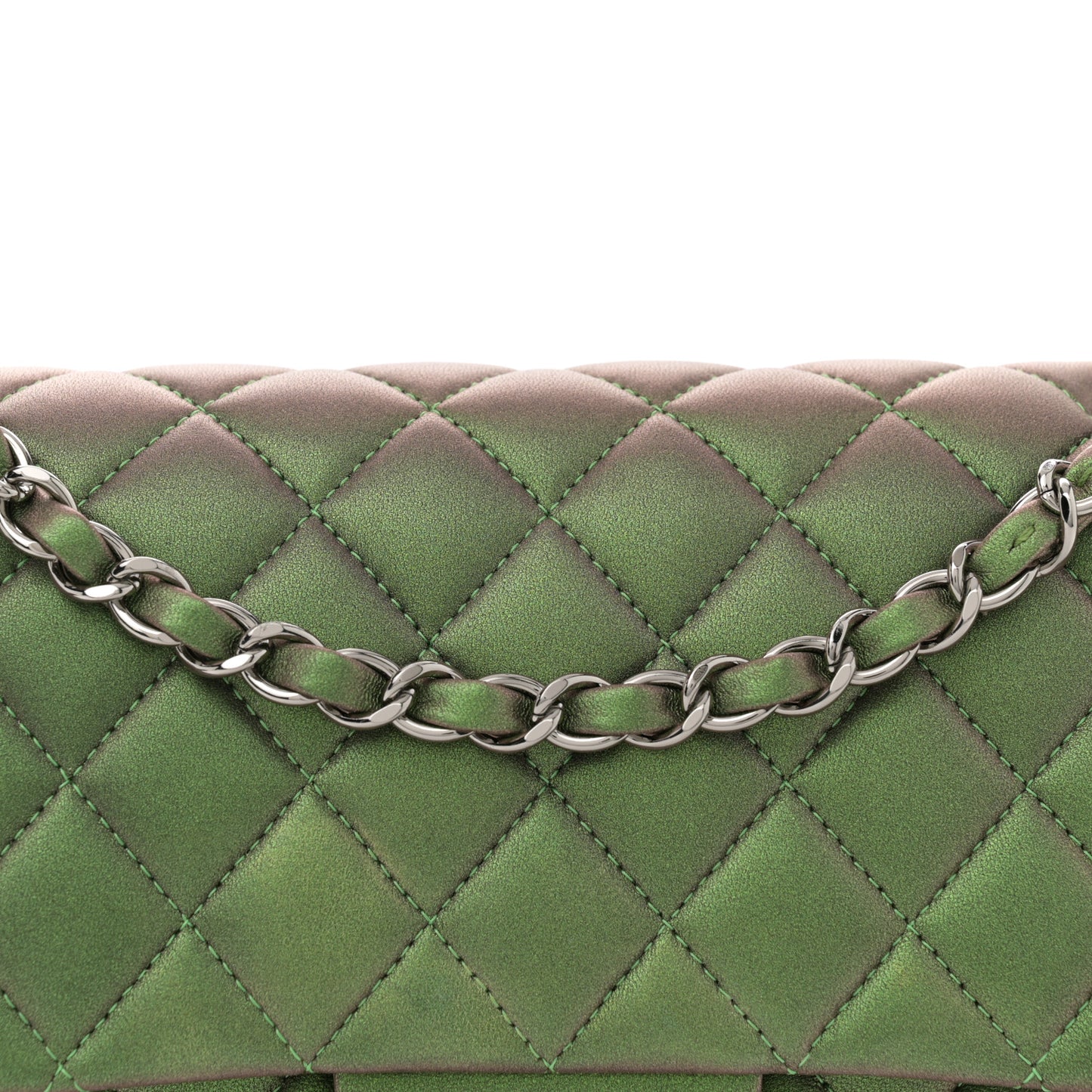Iridescent Lambskin Quilted Medium Double Flap Green