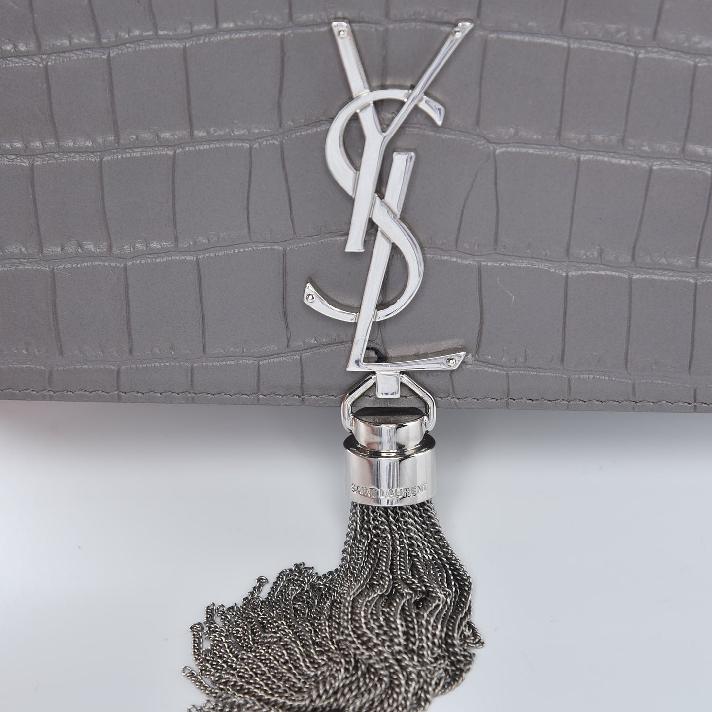 Calfskin Crocodile Embossed Kate Monogram Tassel Chain Wallet Fog