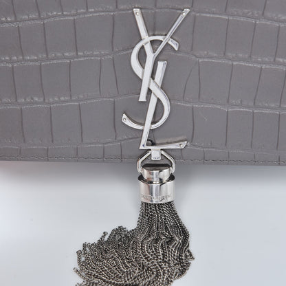 Saint Laurent Calfskin Crocodile Embossed Kate Monogram Tassel Chain Wallet Fog 6 of 8
