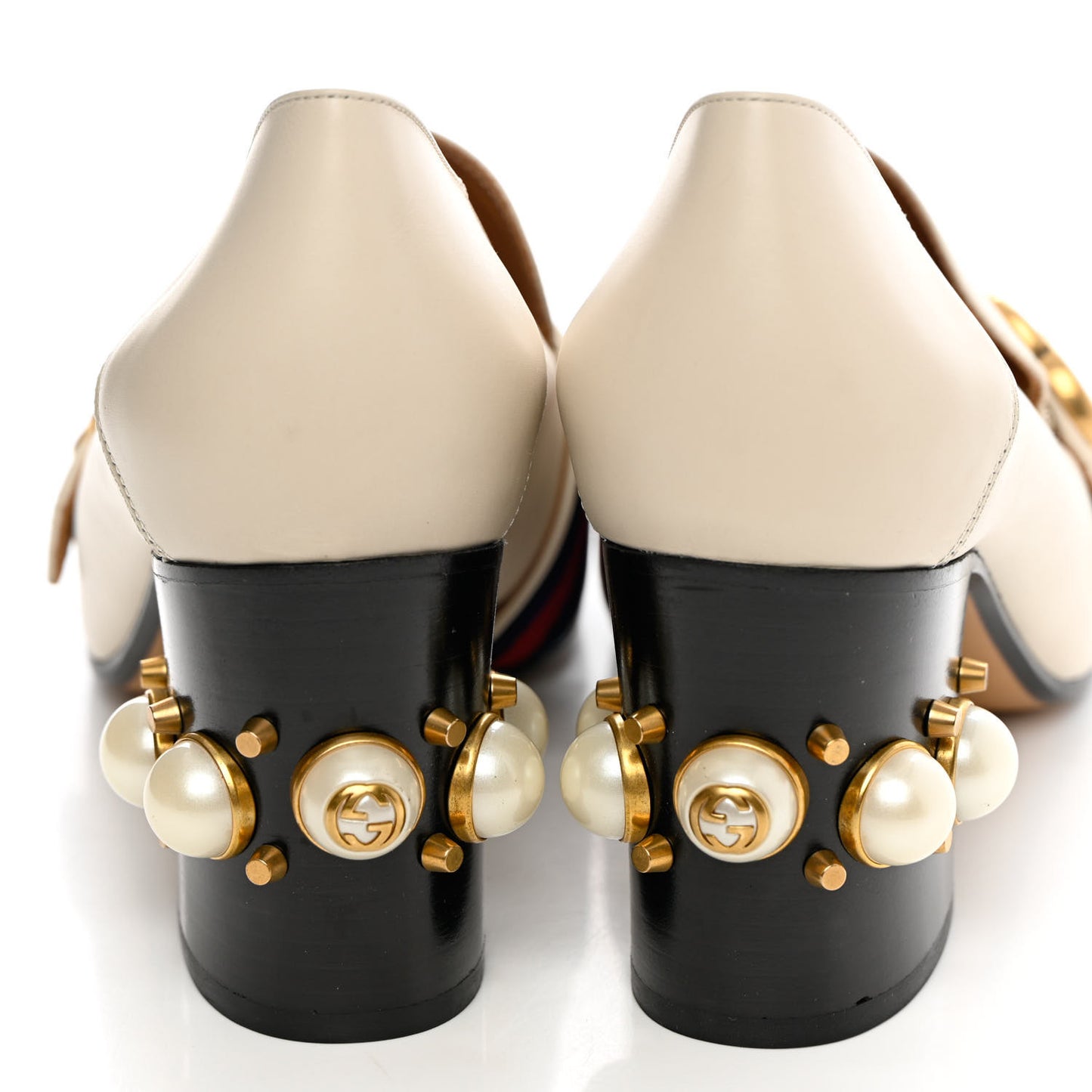Betis Glamour Calfskin Web Pearl Embellished Peyton 75mm Loafer Pumps 40.5 Mystic White