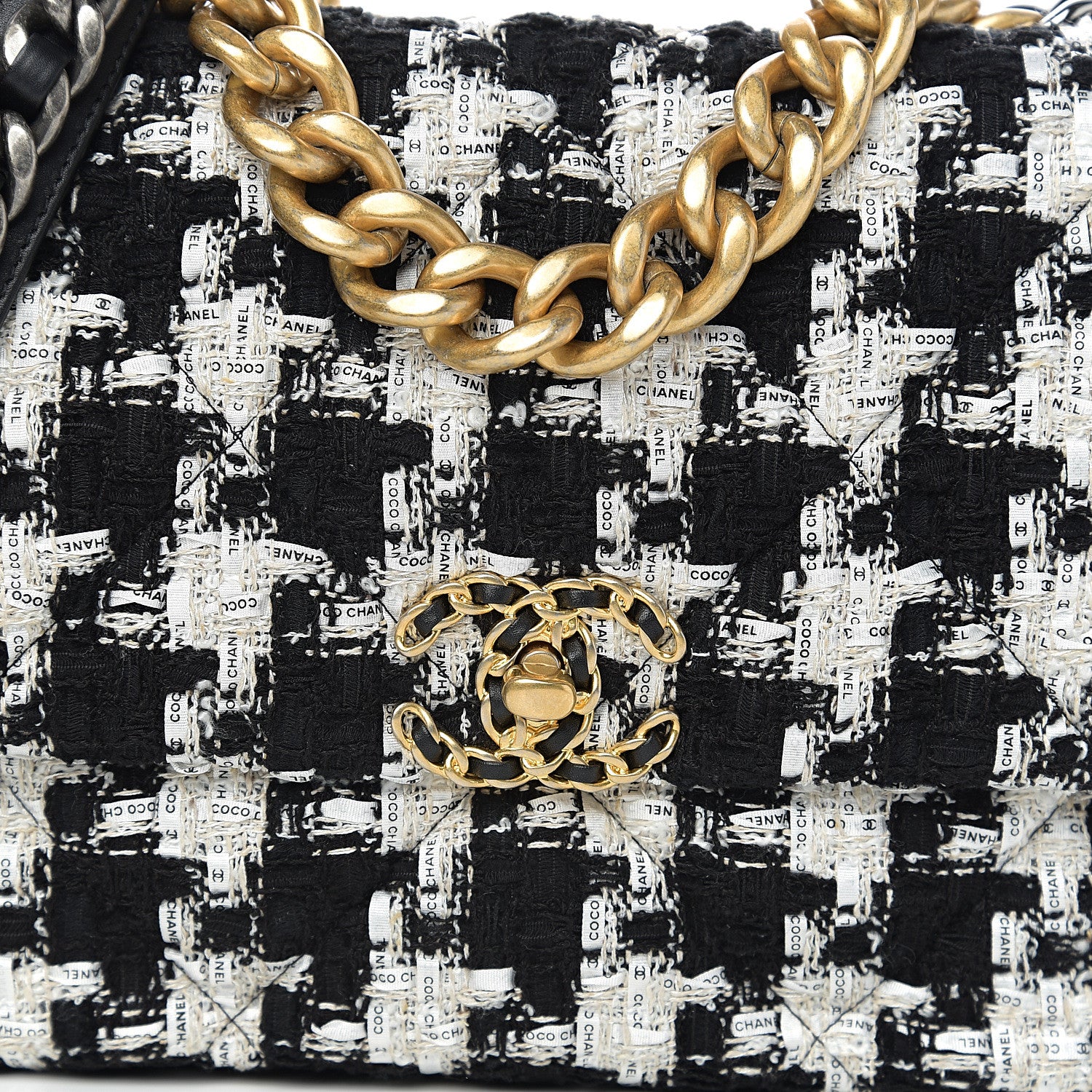 Chanel Tweed Quilted Large 19 Flap Black Ecru White 9 of 10
