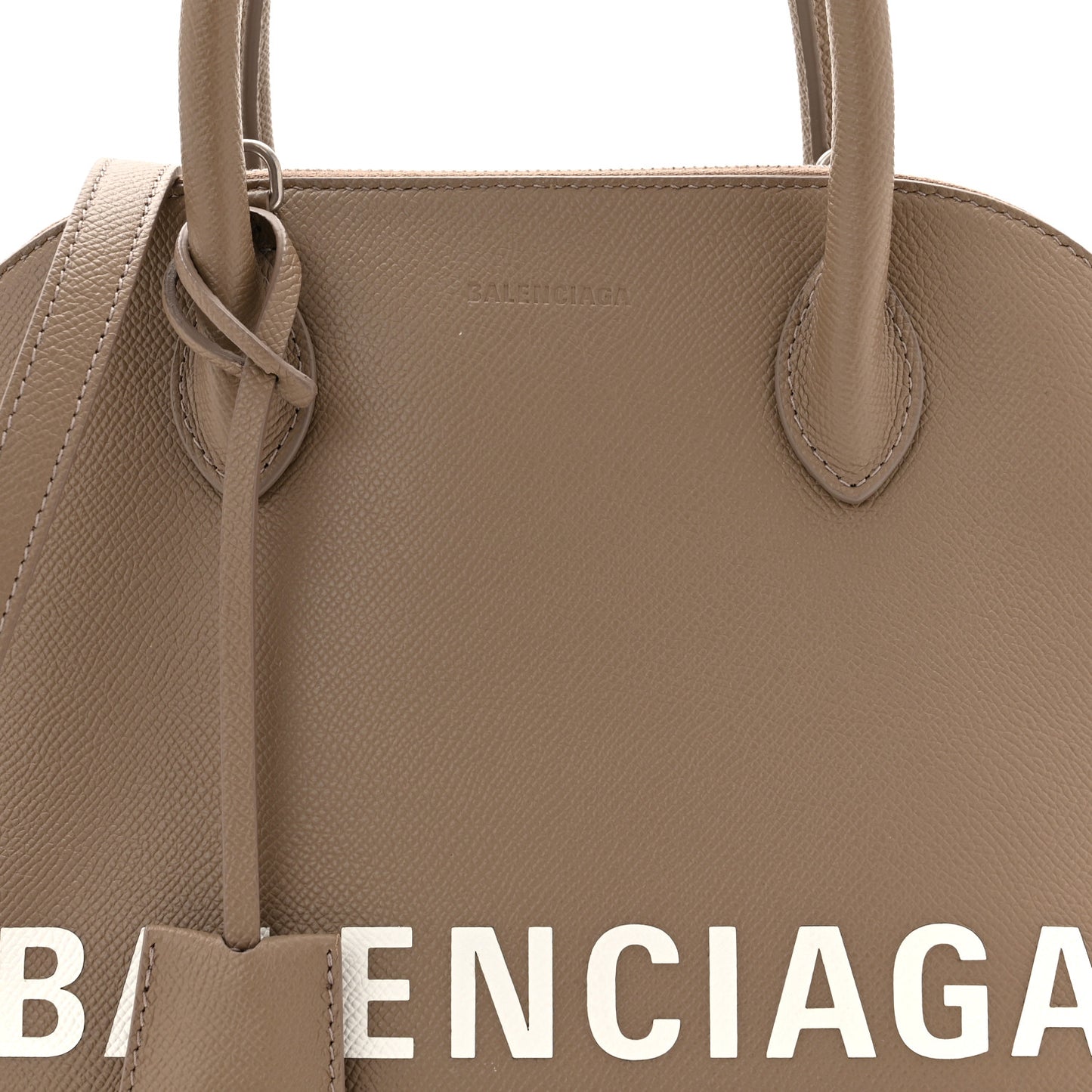 Signature Grained Calfskin Logo S Ville Top Handle Bag Mink Grey White