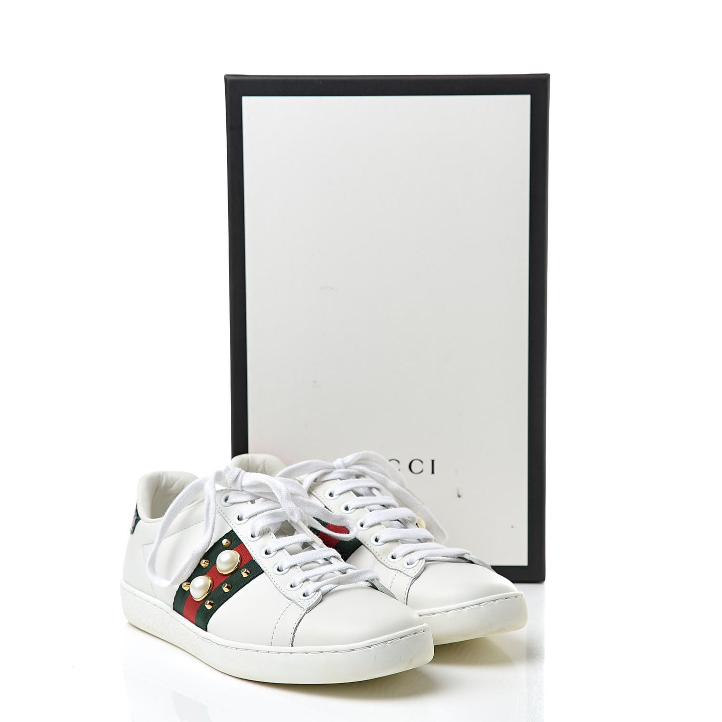 Calfskin Web Pearl Studded Womens Ace Sneakers 35 White