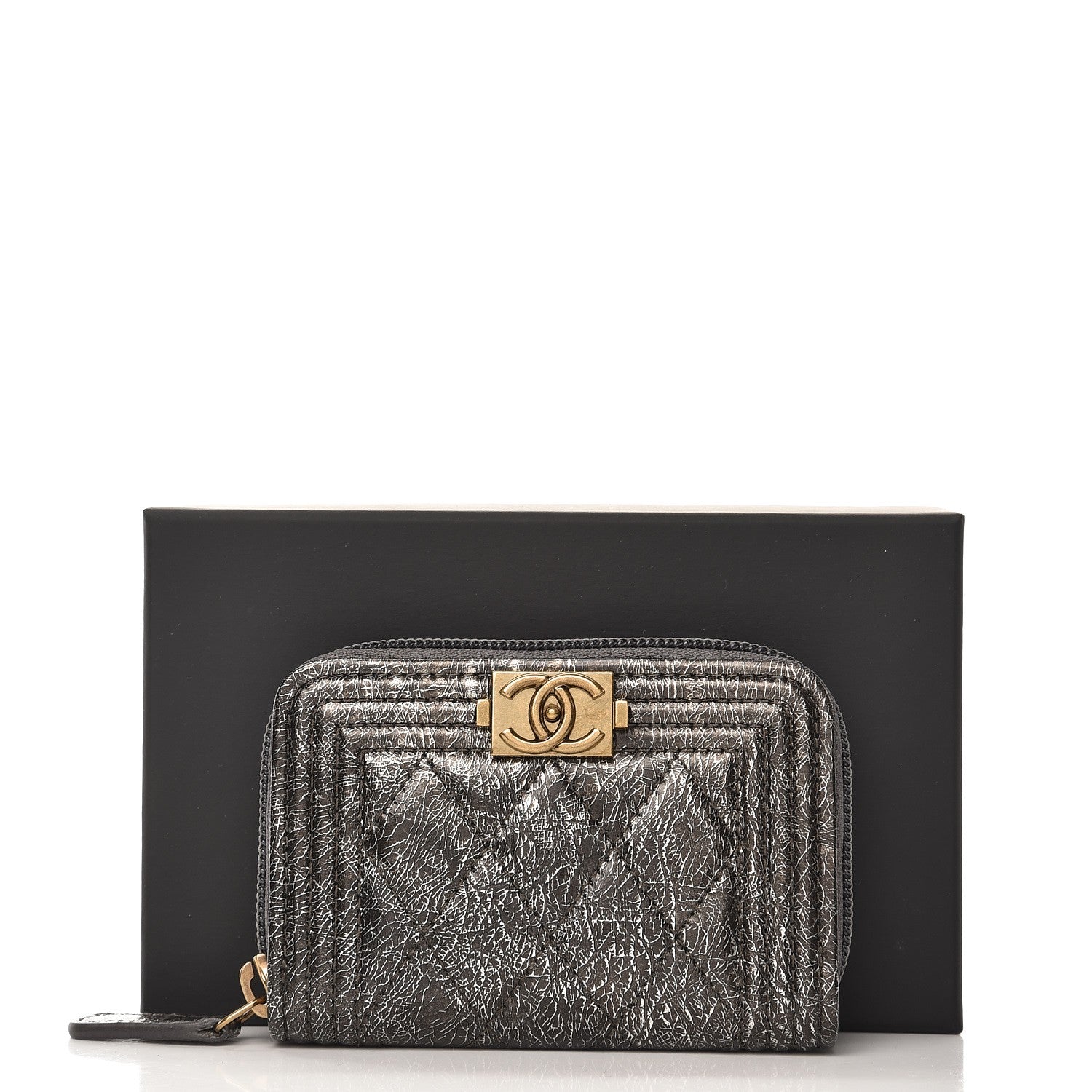 Chanel Cracked Metallic Calfskin Quilted Boy Zip Around Coin Purse Wallet Dark Silver 8 of 8