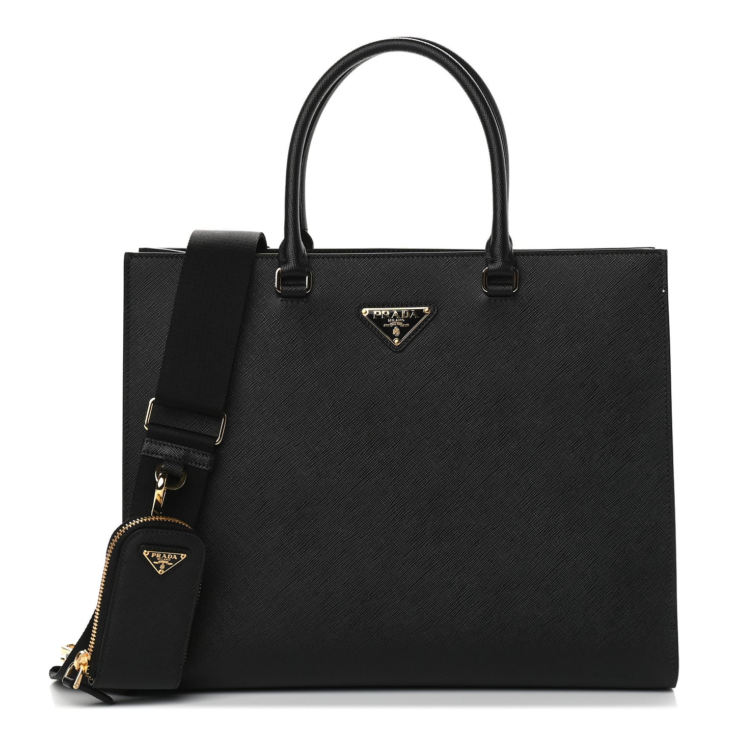 Saffiano Lux Metal Triangle Logo Large Shoulder Tote Handbag Black