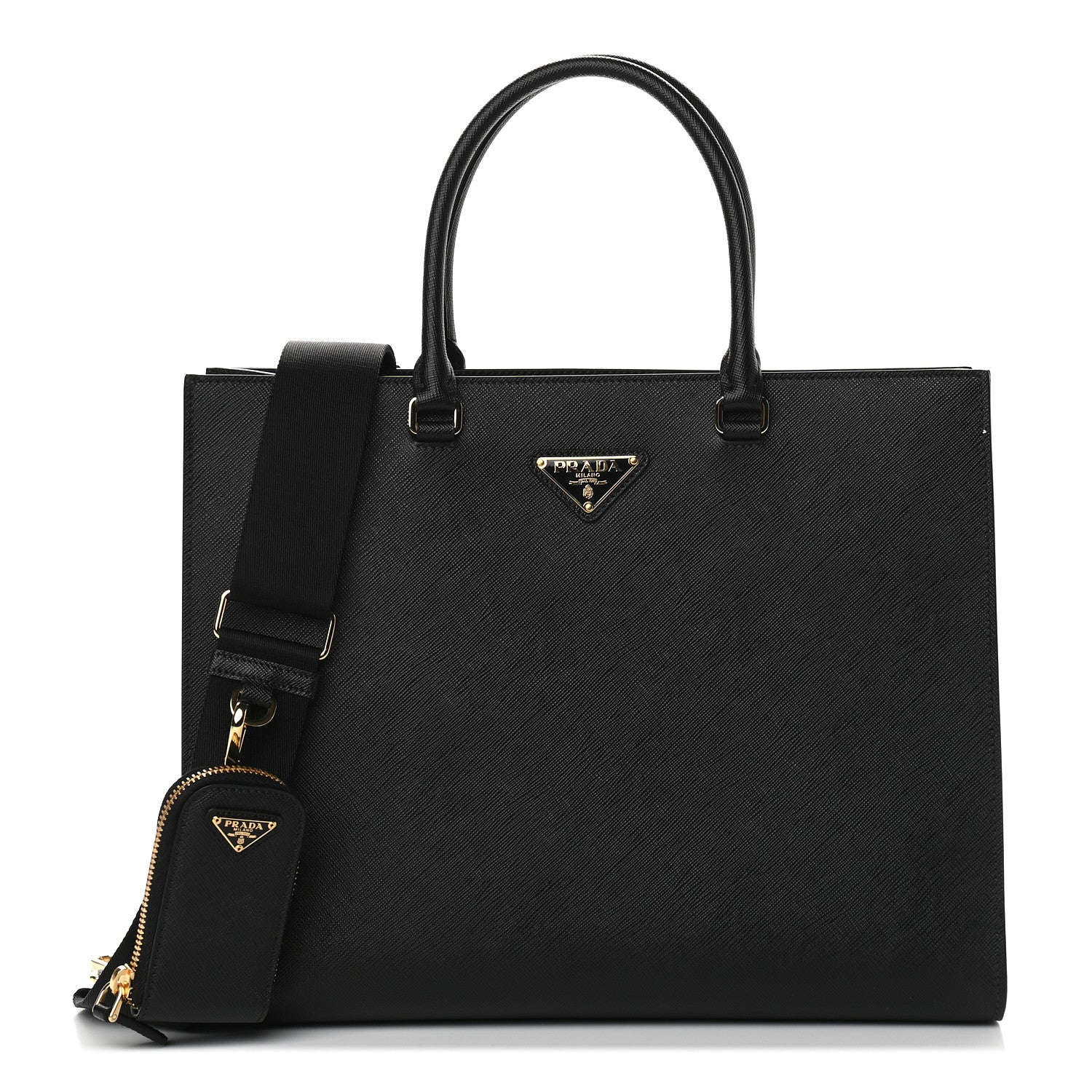 Prada Saffiano Lux Metal Triangle Logo Large Shoulder Tote Handbag Black 1 of 8