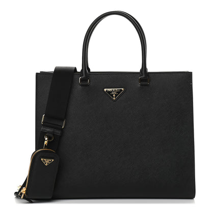 Prada Saffiano Lux Metal Triangle Logo Large Shoulder Tote Handbag Black 1 of 8