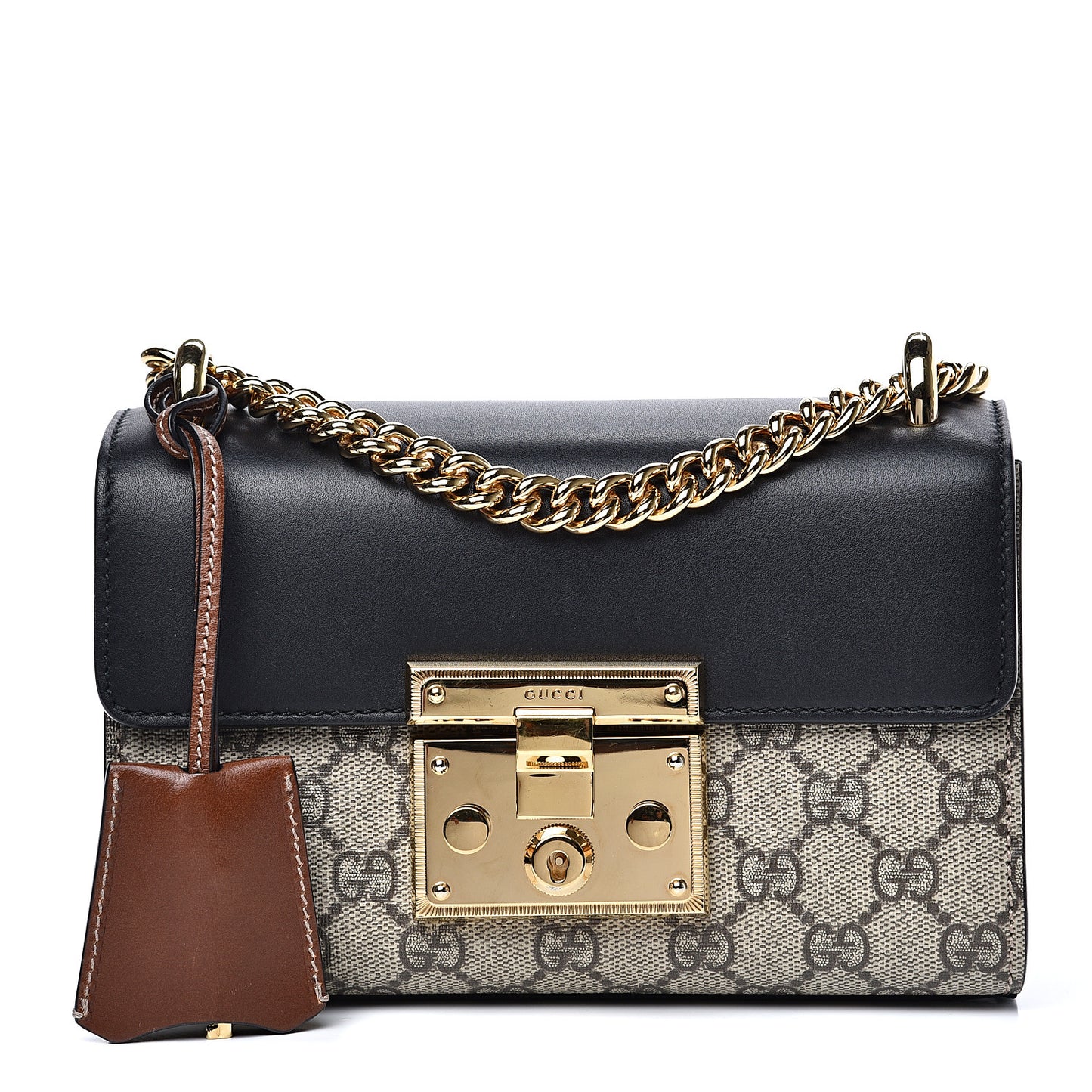 GG Supreme Monogram Calfskin Small Padlock Shoulder Bag Beige Black Cuir