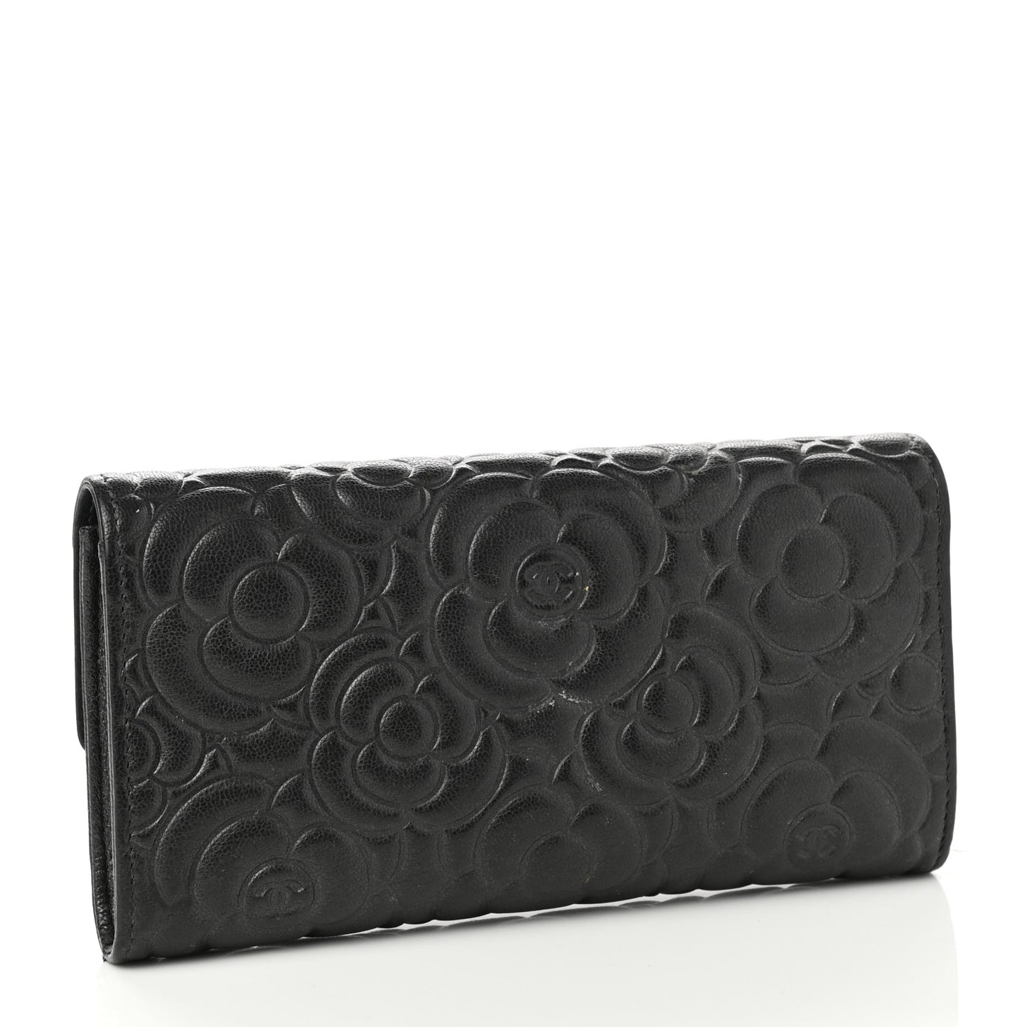 Goatskin Embossed Camellia Large Gusset Flap Wallet Black