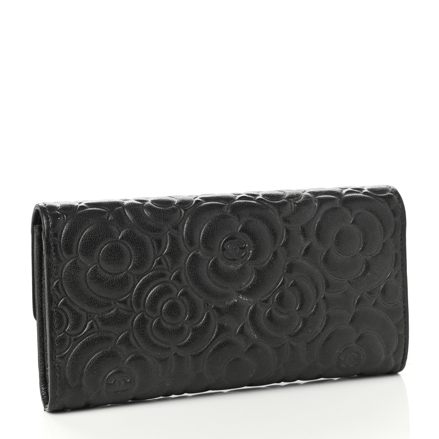 Chanel Goatskin Embossed Camellia Large Gusset Flap Wallet Black 3 of 9