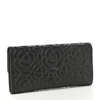 Chanel Goatskin Embossed Camellia Large Gusset Flap Wallet Black 3 of 9