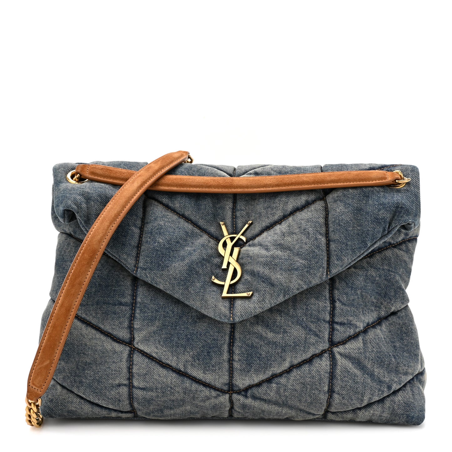 Denim Quilted Medium Loulou Puffer Monogram Chain Satchel Blue Cinnamon