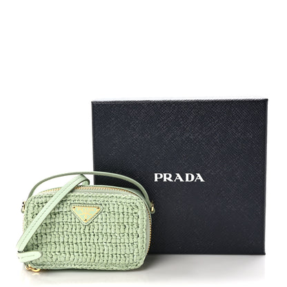 Prada Yarn Raffia Effect Calfskin Crochet Metal Triangle Logo Mini Pouch with Handle Acqua 10 of 10