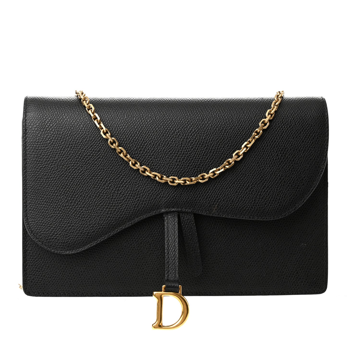 Grained Calfskin Saddle Chain Wallet Pouch Black