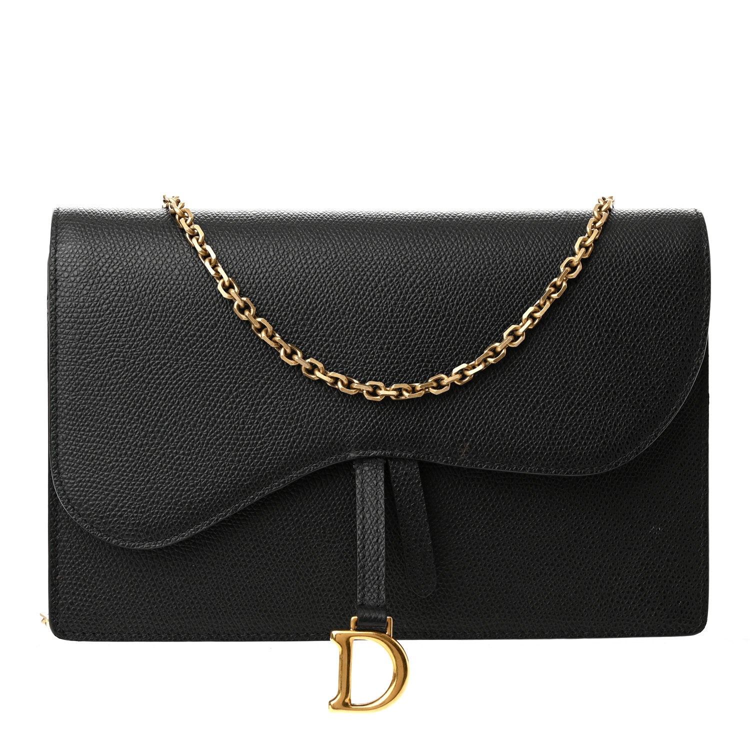 Christian Dior Grained Calfskin Saddle Chain Wallet Pouch Black 1 of 13