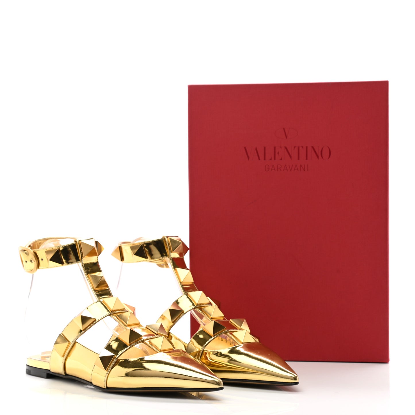Metallic Patent Roman Stud Ankle Strap Flat Mules 37.5 Antique Brass