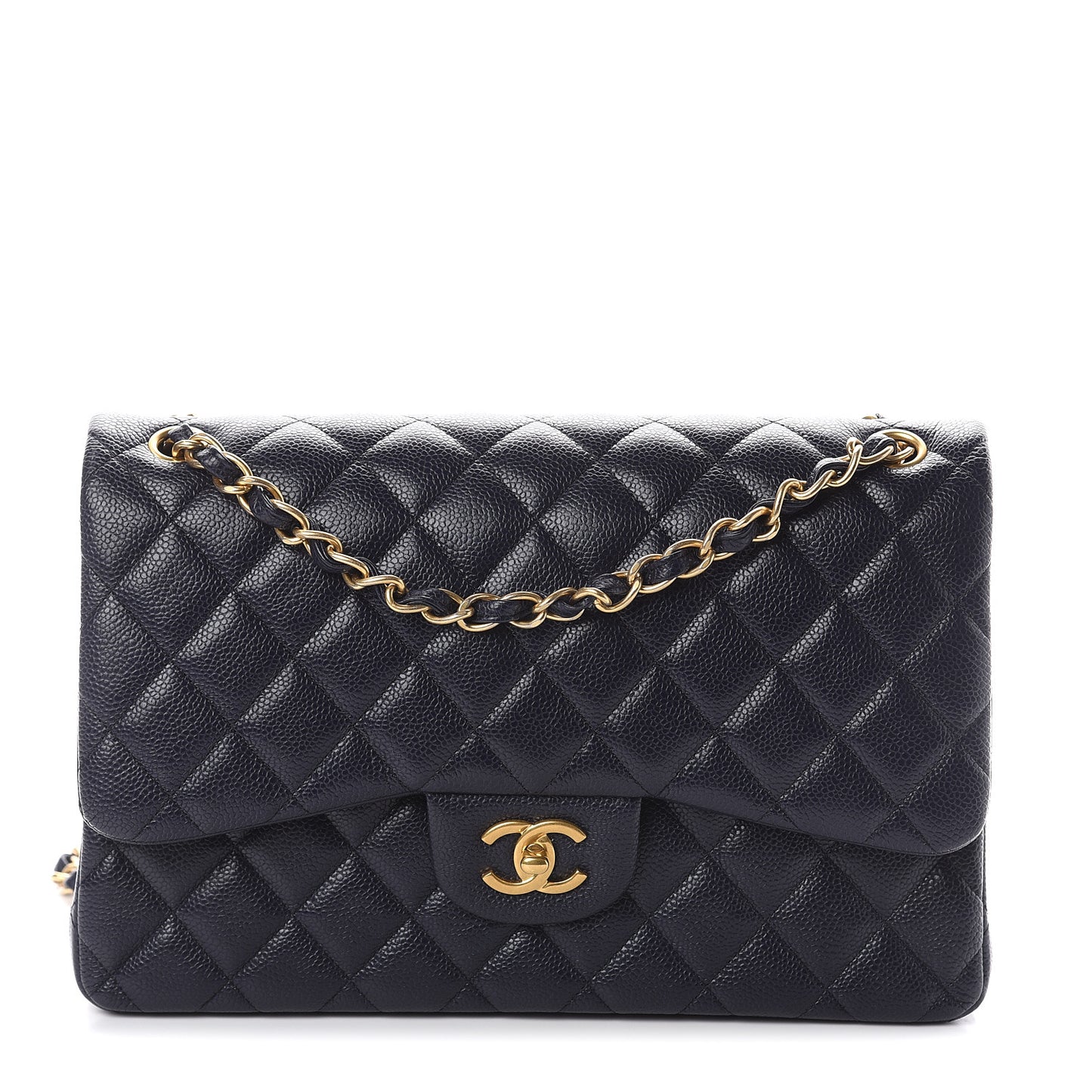 Caviar Quilted Jumbo Double Flap Navy Blue