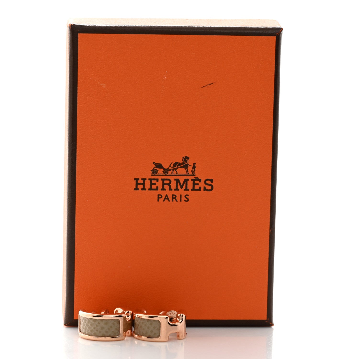 Hermes Rose Gold Plated Epsom Olympe Hoop Earrings Trench Naturel 5 of 5